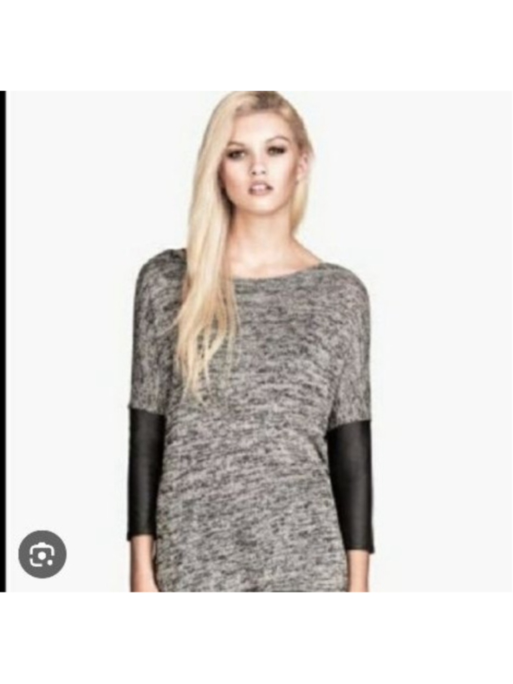 H&M Crew Neck Knit Sweater Large Gray with Black Faux Leather Dolman Sleeves
